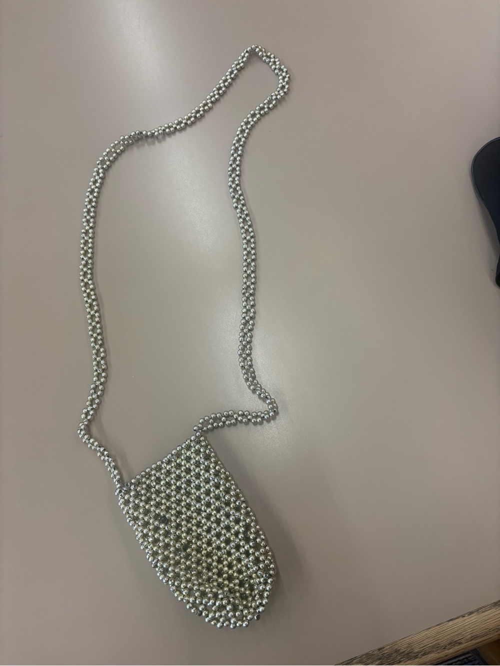 Metallic Tone Silver Bead Phone Purse With Matching Strap